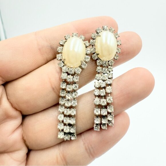 Vintage Faux Pearls Crystal RhinestonesDangle Earrings - Picture 1 of 6